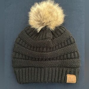 C.C Black Knitted Winter Hat with Pom-Pom and Ribbed Brim